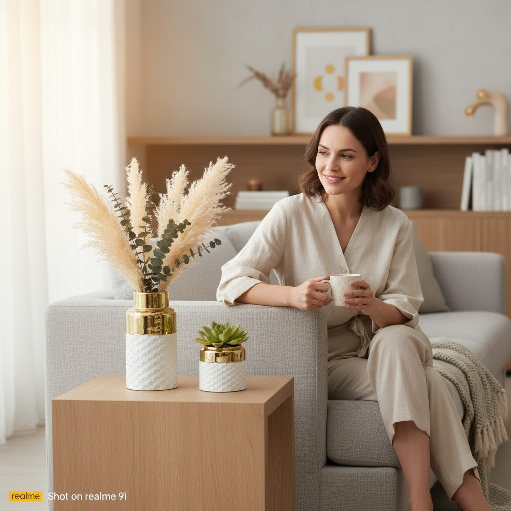 Contemporary Nordic Minimalist White & Golden Vase