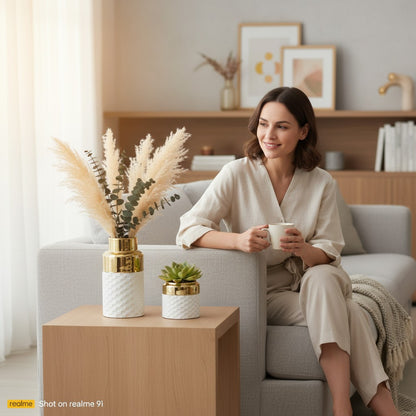 Contemporary Nordic Minimalist White & Golden Vase