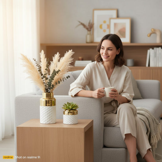 Contemporary Nordic Minimalist White & Golden Vase