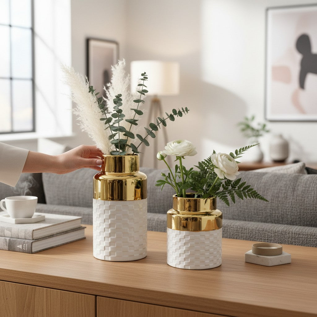 Contemporary Nordic Minimalist White & Golden Vase