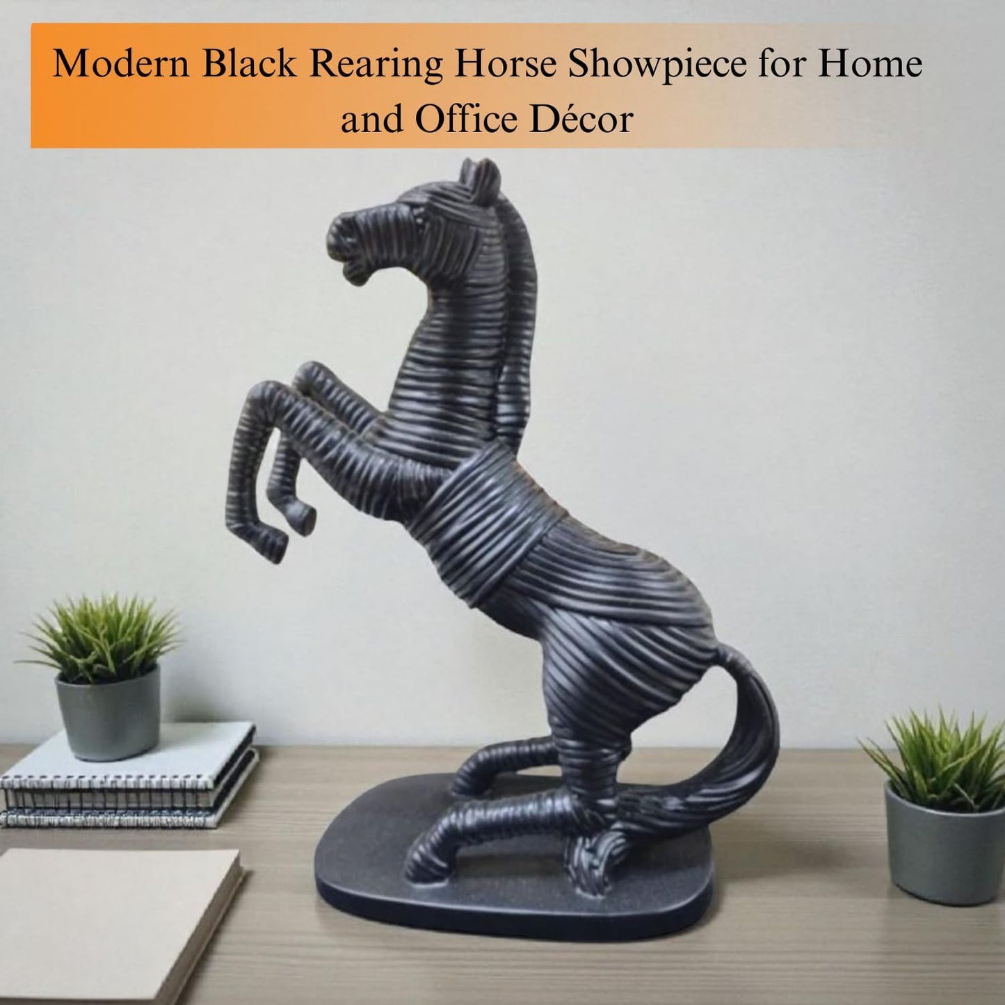 Elegant Black Hours Equestrian Fiber Sculpture