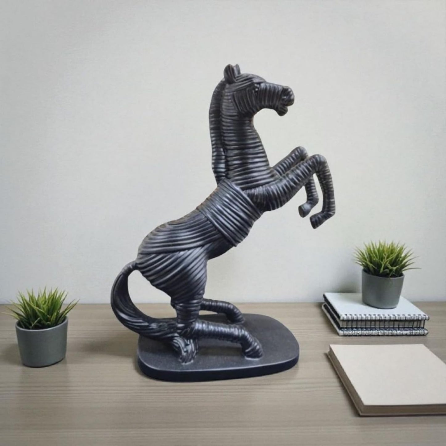 Elegant Black Hours Equestrian Fiber Sculpture